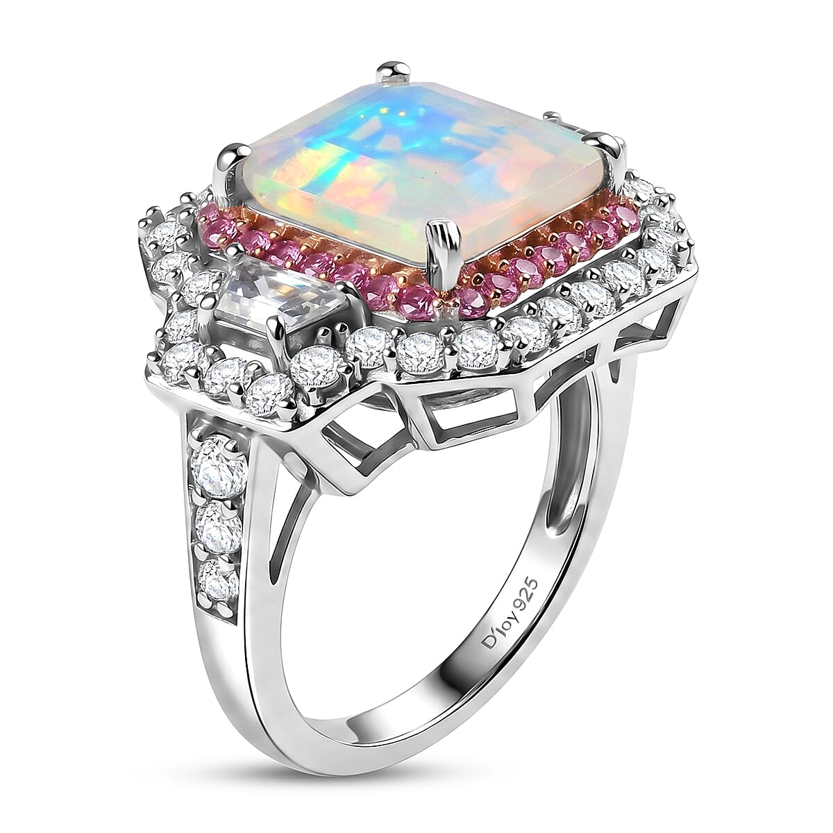 D'Joy Asscher Cut AAA Ethiopian Welo Opal and Multi Gemstone 5.50 ctw Prism Frame Ring in Rhodium Over Sterling Silver (Size 5.0)