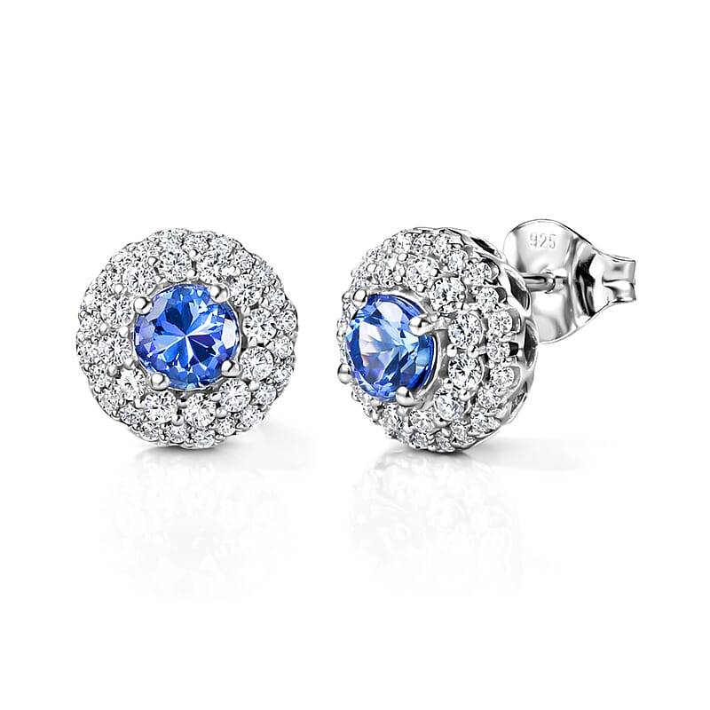 Certified & Appraised D'Joy Premium Tanzanite and Moissanite 1.70 ctw Earrings in Rhodium Over Sterling Silver