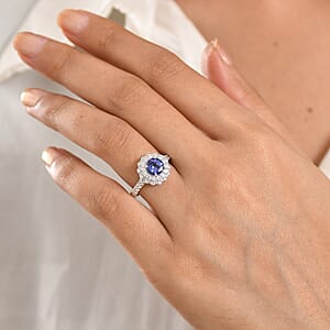 Certified & Appraised D'Joy Premium Tanzanite, Moissanite Ring in Rhodium Over Sterling Silver (Size 7.0) (Del. in 10 - 15 Days) 2.20 ctw (Del. in 10 - 15 Days)
