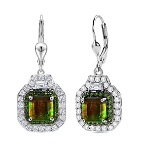 D'Joy Assher Cut AAA Canadian Ammolite and Multi Gemstone 5.80 ctw Prism Frame Earrings in Rhodium Over Sterling Silver