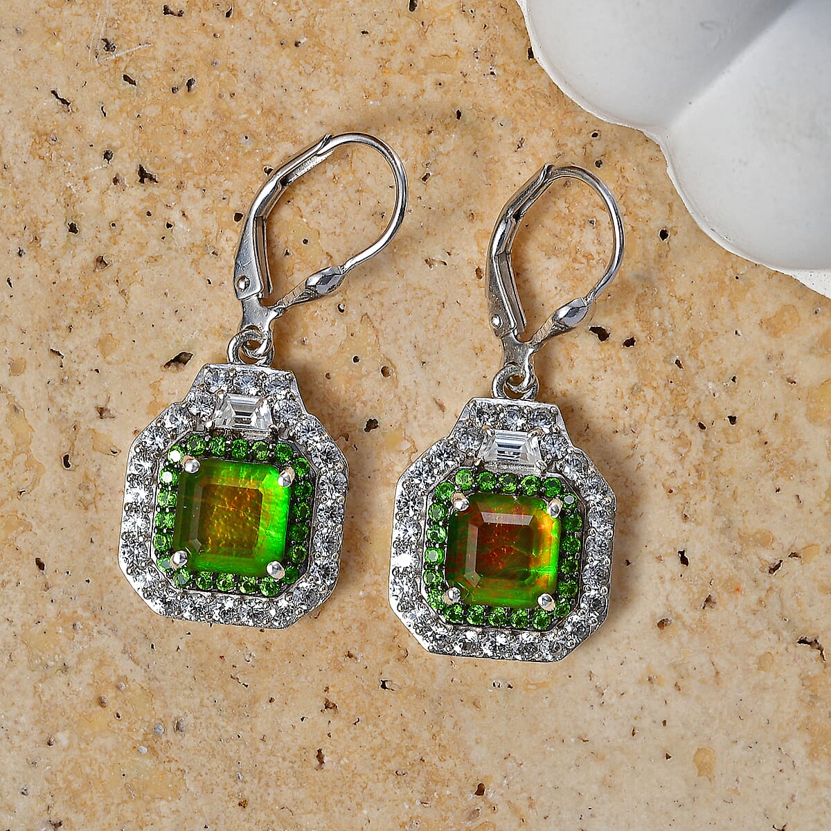 D'Joy Assher Cut AAA Canadian Ammolite and Multi Gemstone 5.80 ctw Prism Frame Earrings in Rhodium Over Sterling Silver image number 1