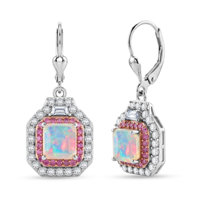 D'Joy Asscher Cut AAA Ethiopian Welo Opal and Multi Gemstone 4.30 ctw Prism Frame Earrings in Rhodium Over Sterling Silver