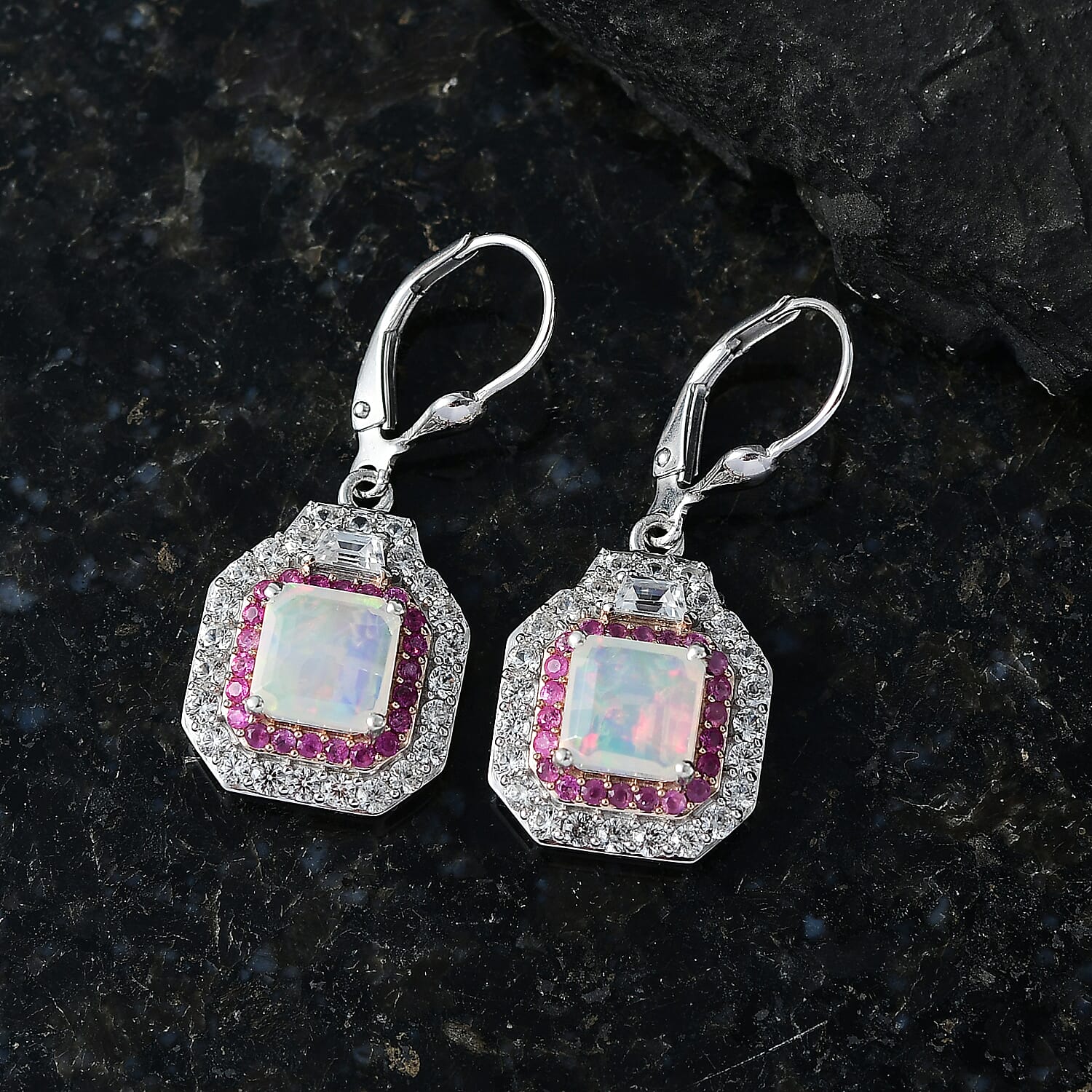 D'Joy Asscher Cut AAA Ethiopian Welo Opal and Multi Gemstone 4.30 ctw Prism Frame Earrings in Rhodium Over Sterling Silver