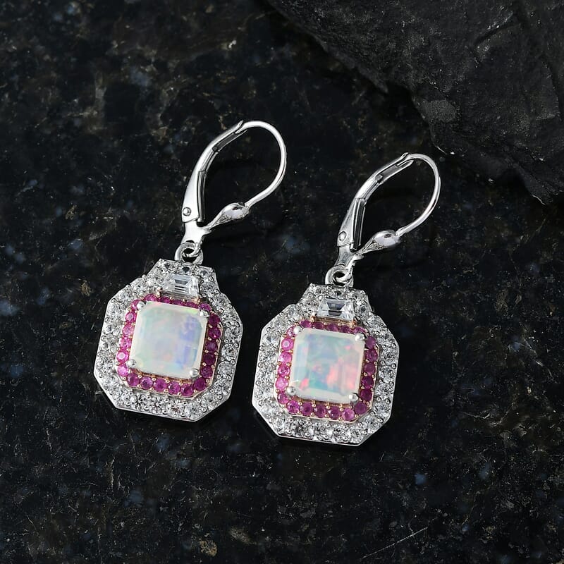 D'Joy Asscher Cut AAA Ethiopian Welo Opal and Multi Gemstone 4.30 ctw Prism Frame Earrings in Rhodium Over Sterling Silver