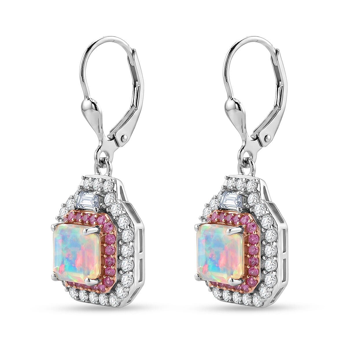 D'Joy Asscher Cut AAA Ethiopian Welo Opal and Multi Gemstone 4.30 ctw Prism Frame Earrings in Rhodium Over Sterling Silver