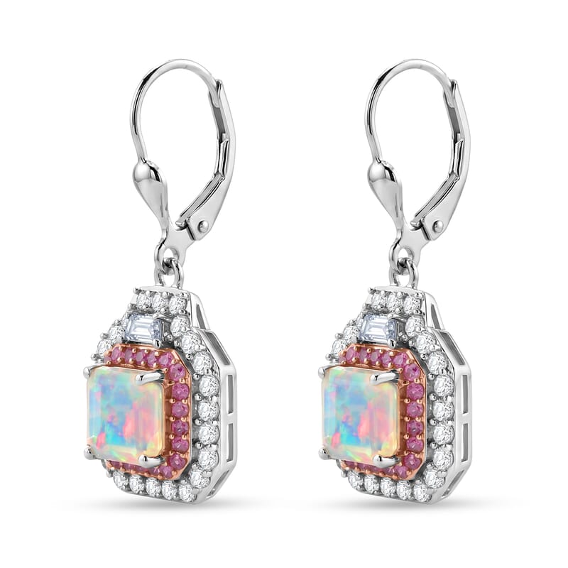 D'Joy Asscher Cut AAA Ethiopian Welo Opal and Multi Gemstone 4.30 ctw Prism Frame Earrings in Rhodium Over Sterling Silver