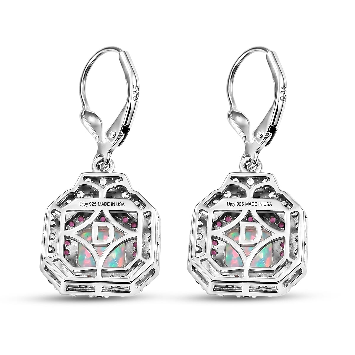 D'Joy Asscher Cut AAA Ethiopian Welo Opal and Multi Gemstone 4.30 ctw Prism Frame Earrings in Rhodium Over Sterling Silver