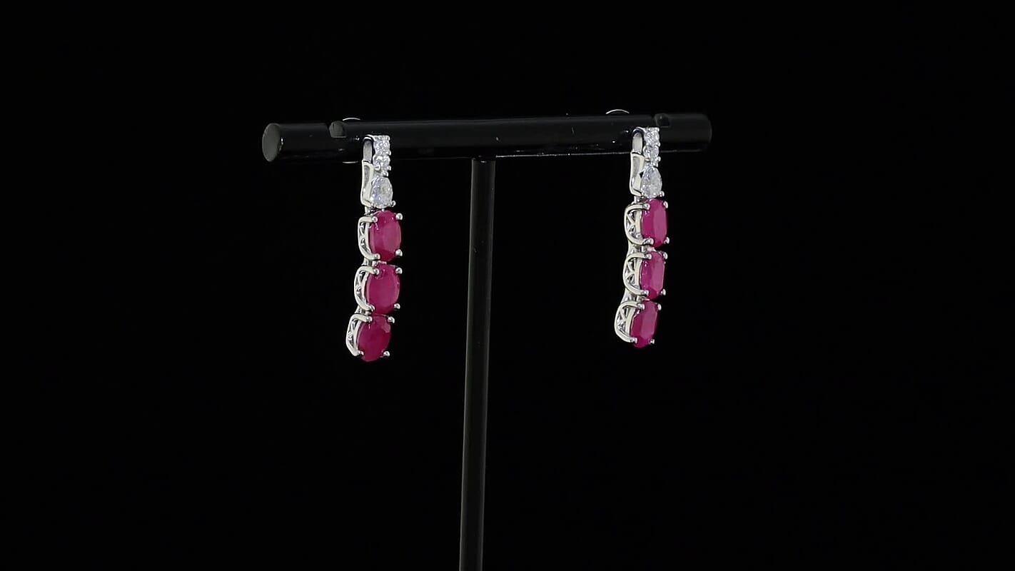Certified & Appraised D'Joy Premium Montepuez Ruby and Moissanite 4.78 ctw Earrings in Rhodium Over Sterling Silver