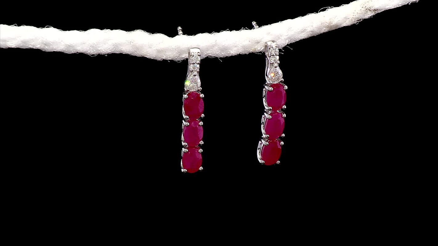 Certified & Appraised D'Joy Premium Montepuez Ruby and Moissanite 4.78 ctw Earrings in Rhodium Over Sterling Silver