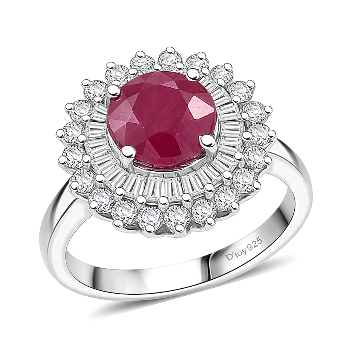 Certified & Appraised D'Joy Premium Royal Ruby and Moissanite 3.70 ctw Ring in Rhodium Over Sterling Silver (Size 10.0) (Del. in 10-12 Days)