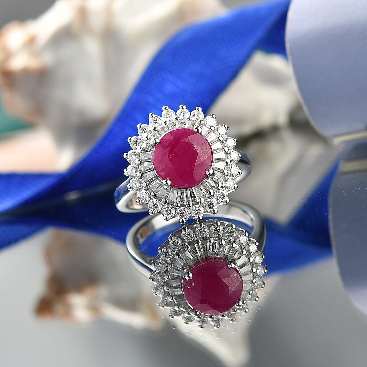 Certified & Appraised D'Joy Premium Royal Ruby and Moissanite 3.70 ctw Ring in Rhodium Over Sterling Silver (Size 10.0) (Del. in 10-12 Days) image number 1