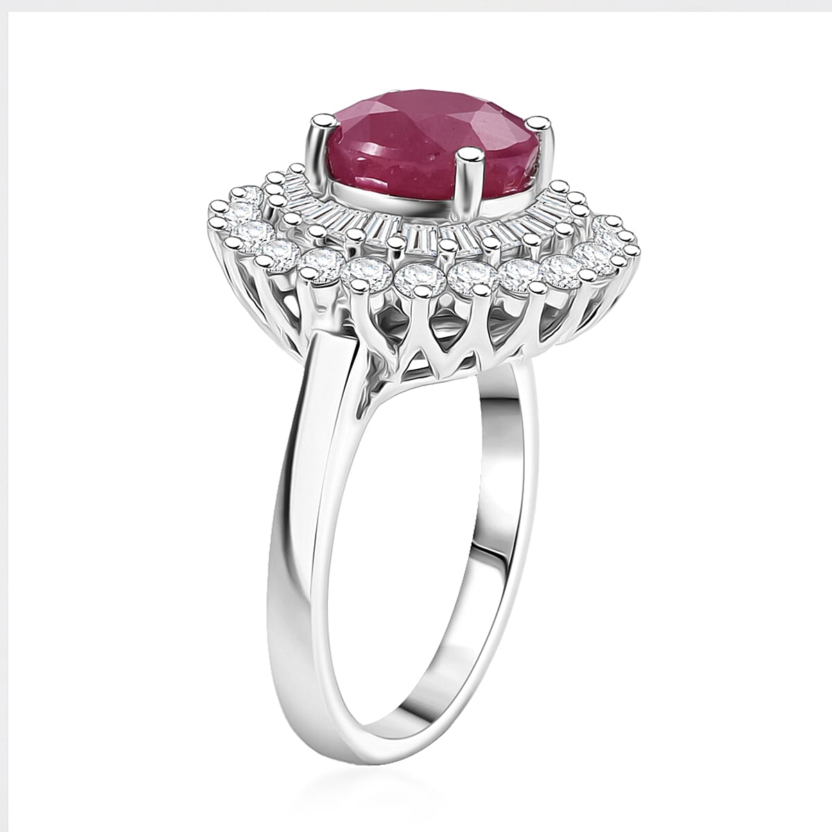 Certified & Appraised D'Joy Premium Royal Ruby and Moissanite 3.70 ctw Ring in Rhodium Over Sterling Silver (Size 10.0) (Del. in 10-12 Days) image number 3