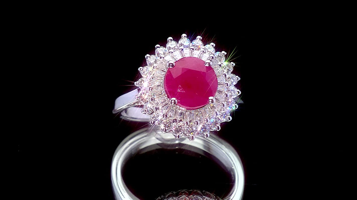 Certified & Appraised D'Joy Premium Royal Ruby, Moissanite Ring in Rhodium Over Sterling Silver (Size 10.0) 3.70 ctw