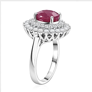 Certified & Appraised D'Joy Premium Royal Ruby and Moissanite 3.70 ctw Ring in Rhodium Over Sterling Silver (Size 6.0) (Del. in 10-12 Days)