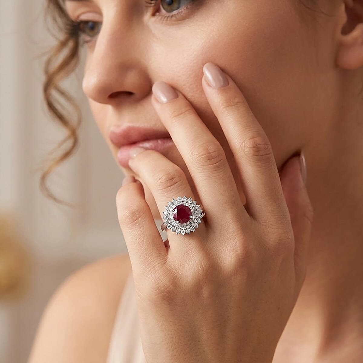 Certified & Appraised D'Joy Premium Royal Ruby and Moissanite 3.70 ctw Ring in Rhodium Over Sterling Silver (Size 9.0) (Del. in 10-12 Days) image number 2