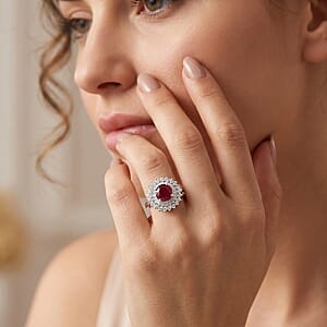Certified & Appraised D'Joy Premium Royal Ruby and Moissanite 3.70 ctw Ring in Rhodium Over Sterling Silver (Size 9.0) (Del. in 10-12 Days)