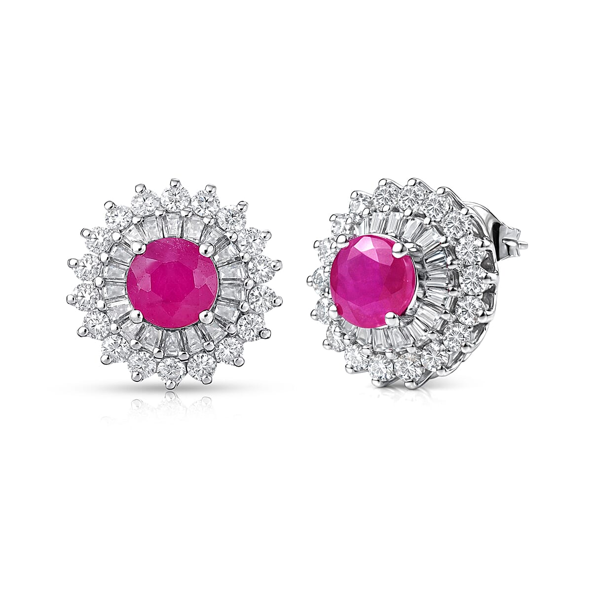 Certified & Appraised D'Joy Premium Royal Ruby and Moissanite 4.30 ctw Earrings in Rhodium Over Sterling Silver