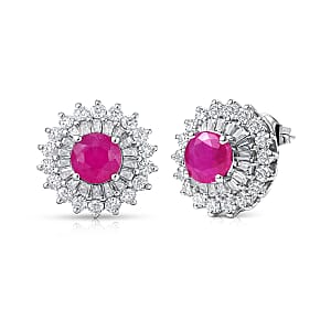 Certified & Appraised D'Joy Premium Royal Ruby and Moissanite 4.30 ctw Earrings in Rhodium Over Sterling Silver (Del. in 10-12 Days)