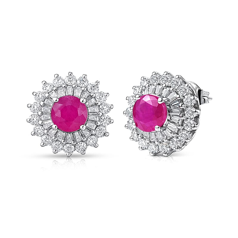 Certified & Appraised D'Joy Premium Royal Ruby and Moissanite 4.30 ctw Earrings in Rhodium Over Sterling Silver