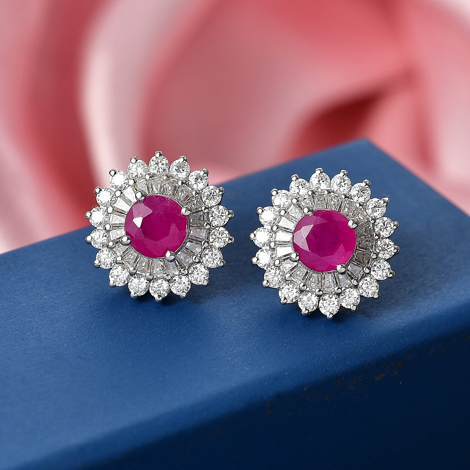 Certified & Appraised D'Joy Premium Royal Ruby and Moissanite 4.30 ctw Earrings in Rhodium Over Sterling Silver