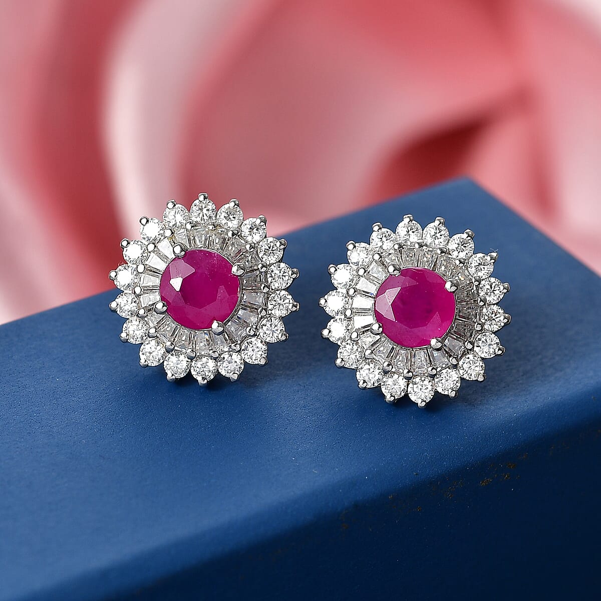 Certified & Appraised D'Joy Premium Royal Ruby and Moissanite 4.30 ctw Earrings in Rhodium Over Sterling Silver (Del. in 10-12 Days) image number 1