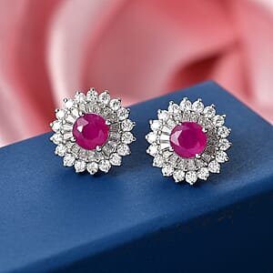 Certified & Appraised D'Joy Premium Royal Ruby and Moissanite 4.30 ctw Earrings in Rhodium Over Sterling Silver (Del. in 10-12 Days)