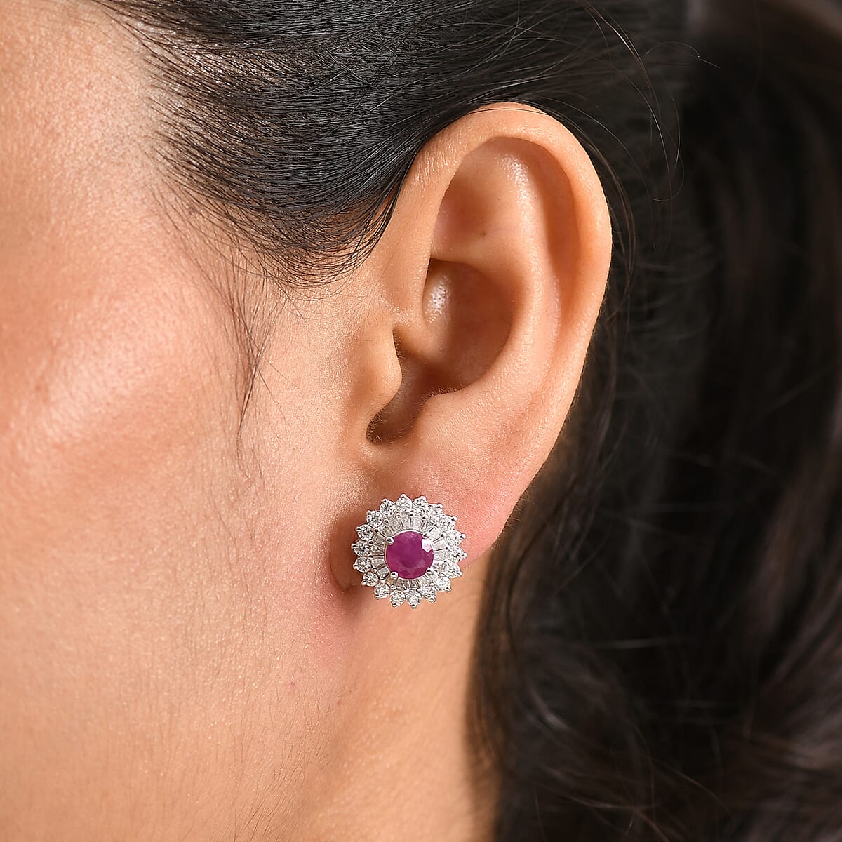 Certified & Appraised D'Joy Premium Royal Ruby and Moissanite 4.30 ctw Earrings in Rhodium Over Sterling Silver (Del. in 10-12 Days) image number 2