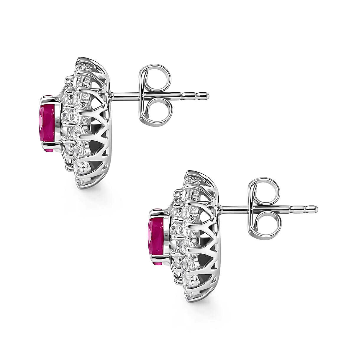 Certified & Appraised D'Joy Premium Royal Ruby and Moissanite 4.30 ctw Earrings in Rhodium Over Sterling Silver (Del. in 10-12 Days) image number 3
