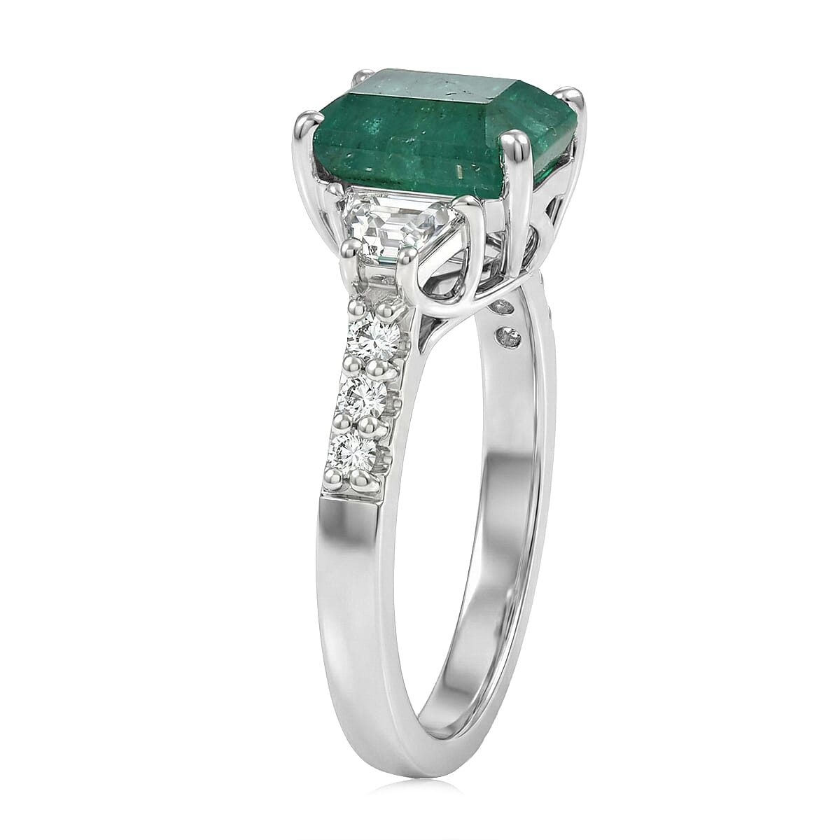 Certified & Appraised D'Joy Premium Kagem Zambian Emerald and Moissanite 2.90 ctw Ring in Rhodium Over Sterling Silver (Size 10.0) image number 3