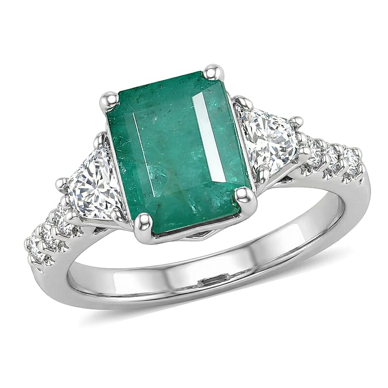 Certified & Appraised D'Joy Premium Kagem Zambian Emerald and Moissanite 2.90 ctw Ring in Rhodium Over Sterling Silver (Size 6.0)