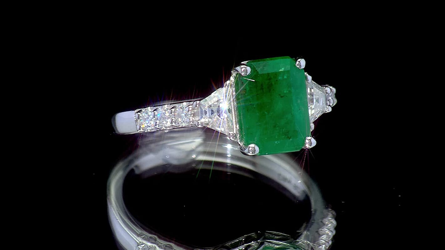 D'Joy Premium Kagem Zambian Emerald, Moissanite Ring in Rhodium Over Sterling Silver (Size 10.0) 2.90 ctw