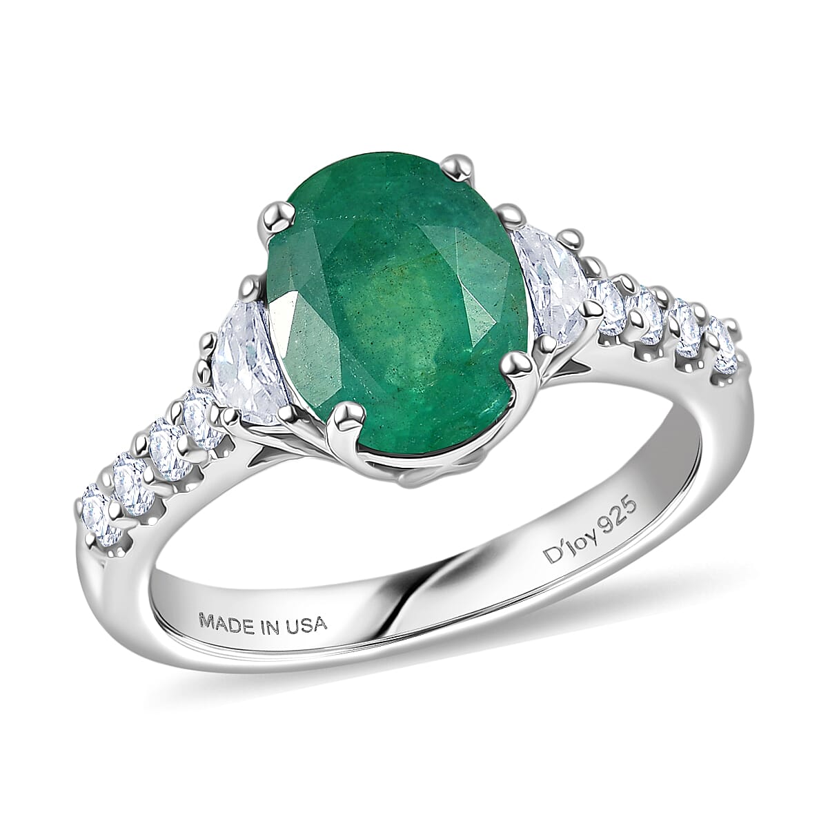 Certified & Appraised D'Joy Premium Kagem Zambian Emerald, Moissanite Ring in Rhodium Over Sterling Silver (Size 10.0) 2.10 ctw