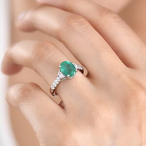 Certified & Appraised D'Joy Premium Kagem Zambian Emerald, Moissanite Ring in Rhodium Over Sterling Silver (Size 10.0) 2.10 ctw