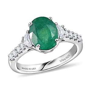 Certified & Appraised D'Joy Premium Kagem Zambian Emerald, Moissanite Ring in Rhodium Over Sterling Silver (Size 8.0) 2.10 ctw