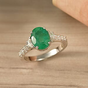 Certified & Appraised D'Joy Premium Kagem Zambian Emerald, Moissanite Ring in Rhodium Over Sterling Silver (Size 8.0) 2.10 ctw