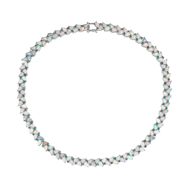 D'Joy Premium Ethiopian Welo Opal and Kagem Zambian Emerald 36.35 ctw Vine Leaf Necklace in Rhodium Over Sterling Silver 18 Inches 