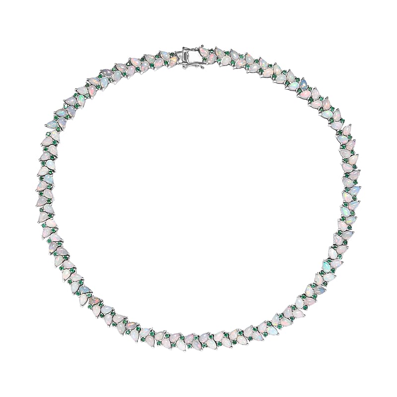 D'Joy Premium Ethiopian Welo Opal and Kagem Zambian Emerald 36.35 ctw Vine Leaf Necklace in Rhodium Over Sterling Silver 18 Inches 