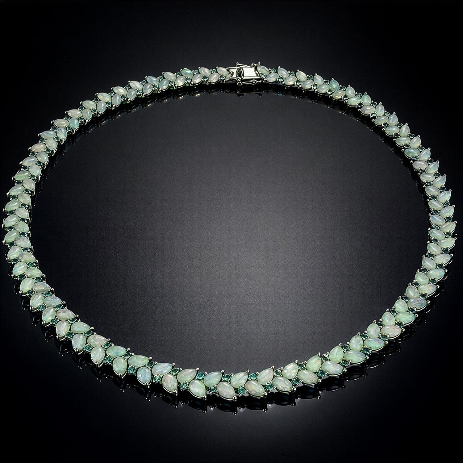D'Joy Premium Ethiopian Welo Opal and Kagem Zambian Emerald 36.35 ctw Vine Leaf Necklace in Rhodium Over Sterling Silver 18 Inches 