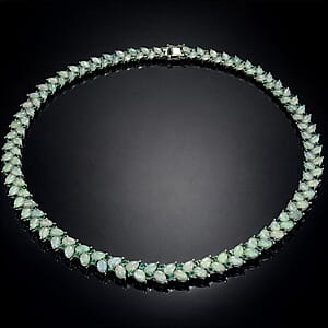 D'Joy Premium Ethiopian Welo Opal and Kagem Zambian Emerald 36.35 ctw Vine Leaf Necklace in Rhodium Over Sterling Silver 18 Inches 