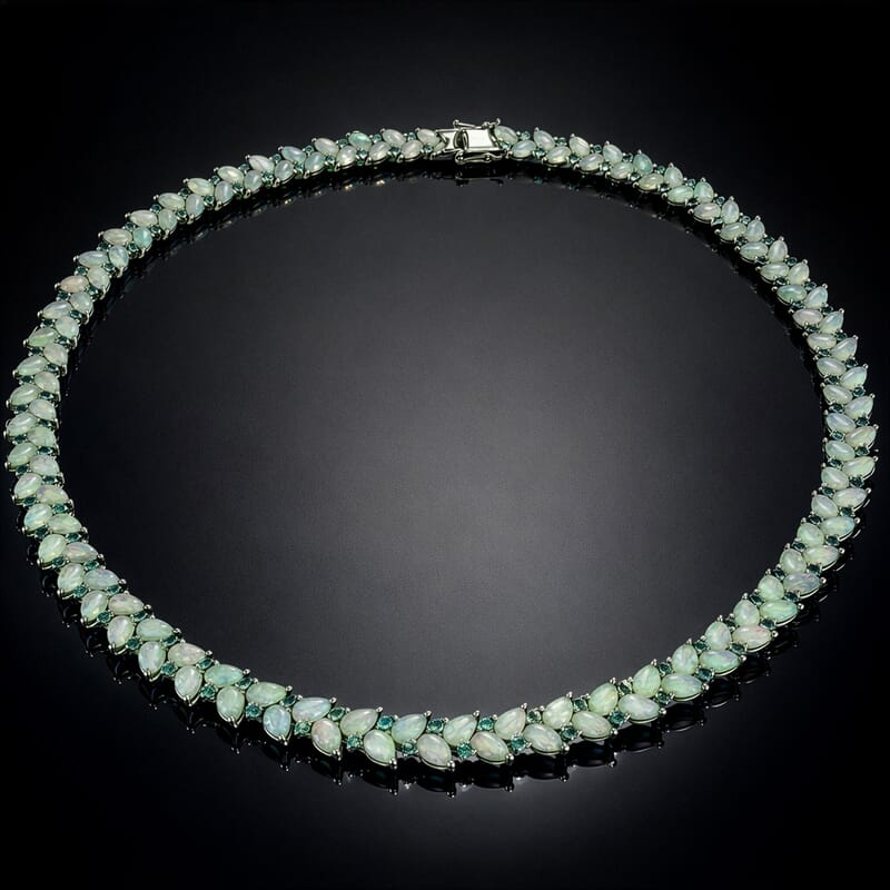 D'Joy Premium Ethiopian Welo Opal and Kagem Zambian Emerald 36.35 ctw Vine Leaf Necklace in Rhodium Over Sterling Silver 18 Inches 