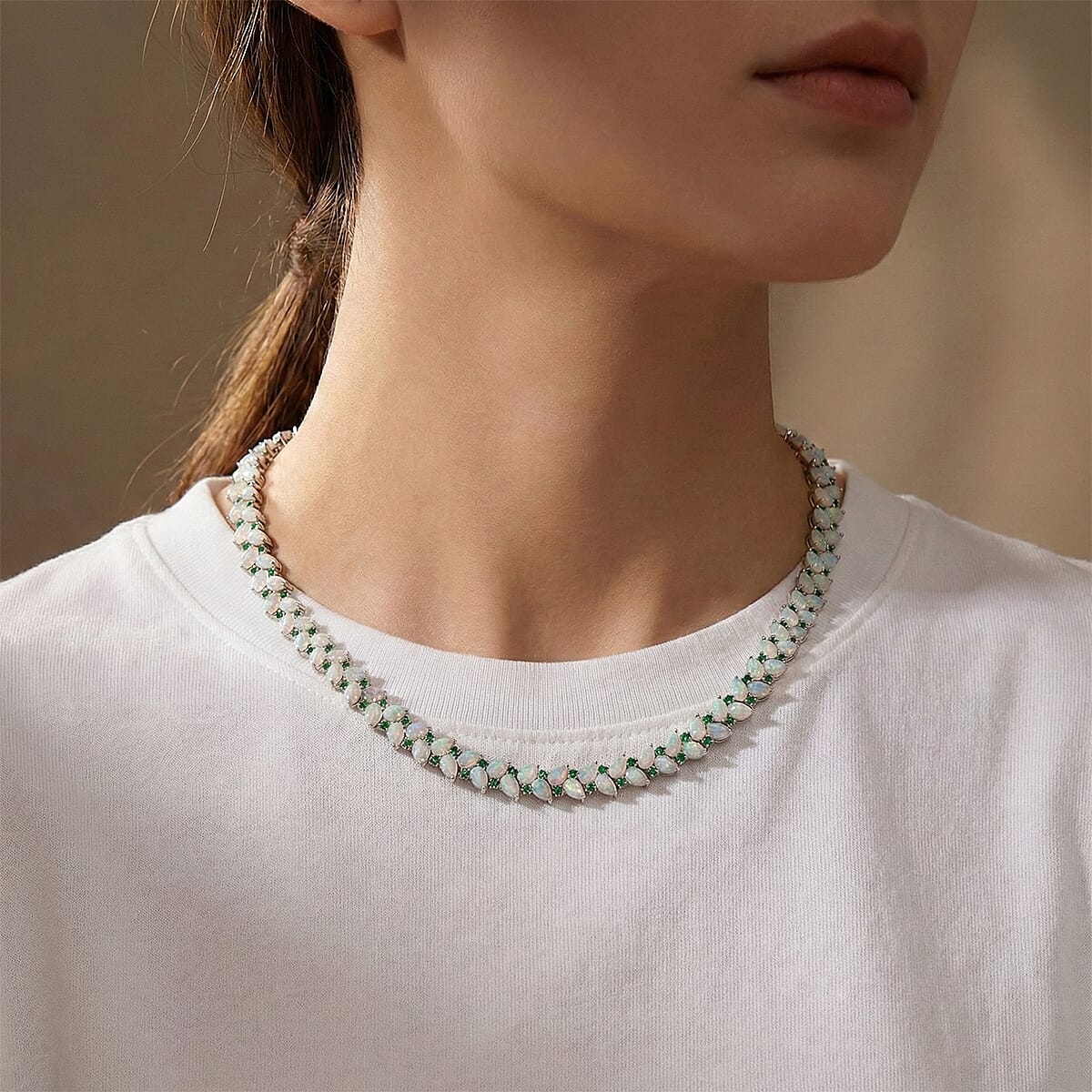 D'Joy Premium Ethiopian Welo Opal and Kagem Zambian Emeral 36.35 ctw Necklace in Rhodium Over Sterling Silver 18 Inches image number 2