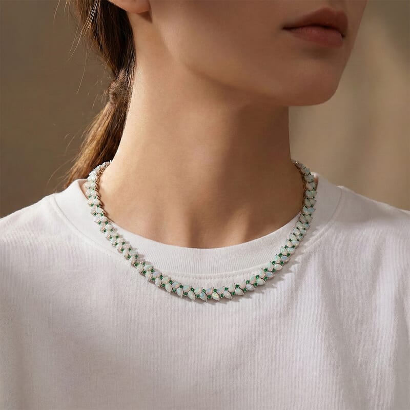 D'Joy Premium Ethiopian Welo Opal and Kagem Zambian Emerald 36.35 ctw Vine Leaf Necklace in Rhodium Over Sterling Silver 18 Inches 
