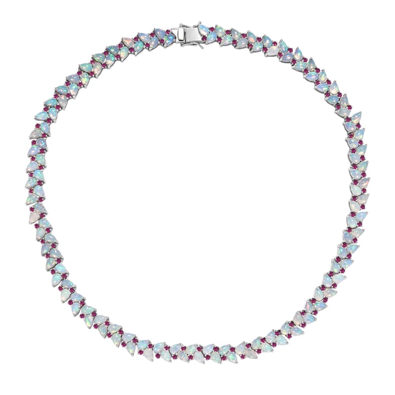 D'Joy Premium Ethiopian Welo Opal and Niassa Ruby (FF) 39.15 ctw Vine Leaf Necklace in Rhodium Over Sterling Silver 18 Inches 