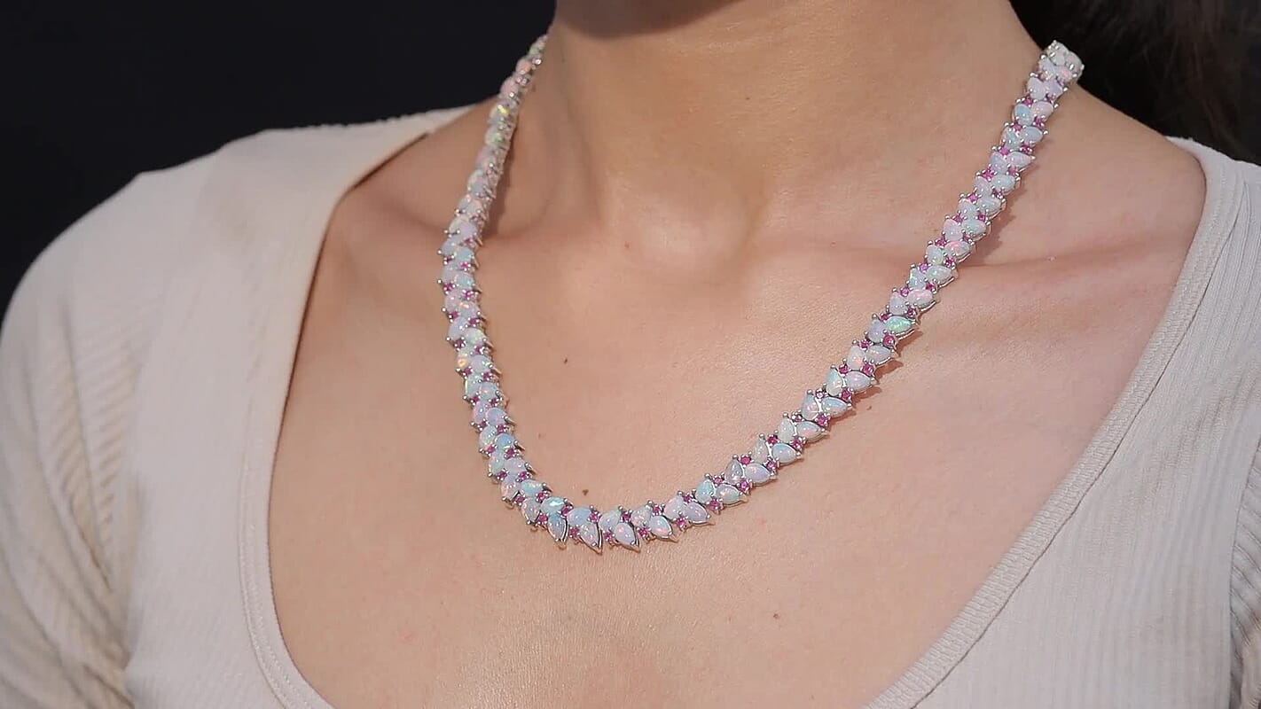 D'Joy Premium Ethiopian Welo Opal and Kagem Zambian Emeral 36.35 ctw Necklace in Rhodium Over Sterling Silver 18 Inches