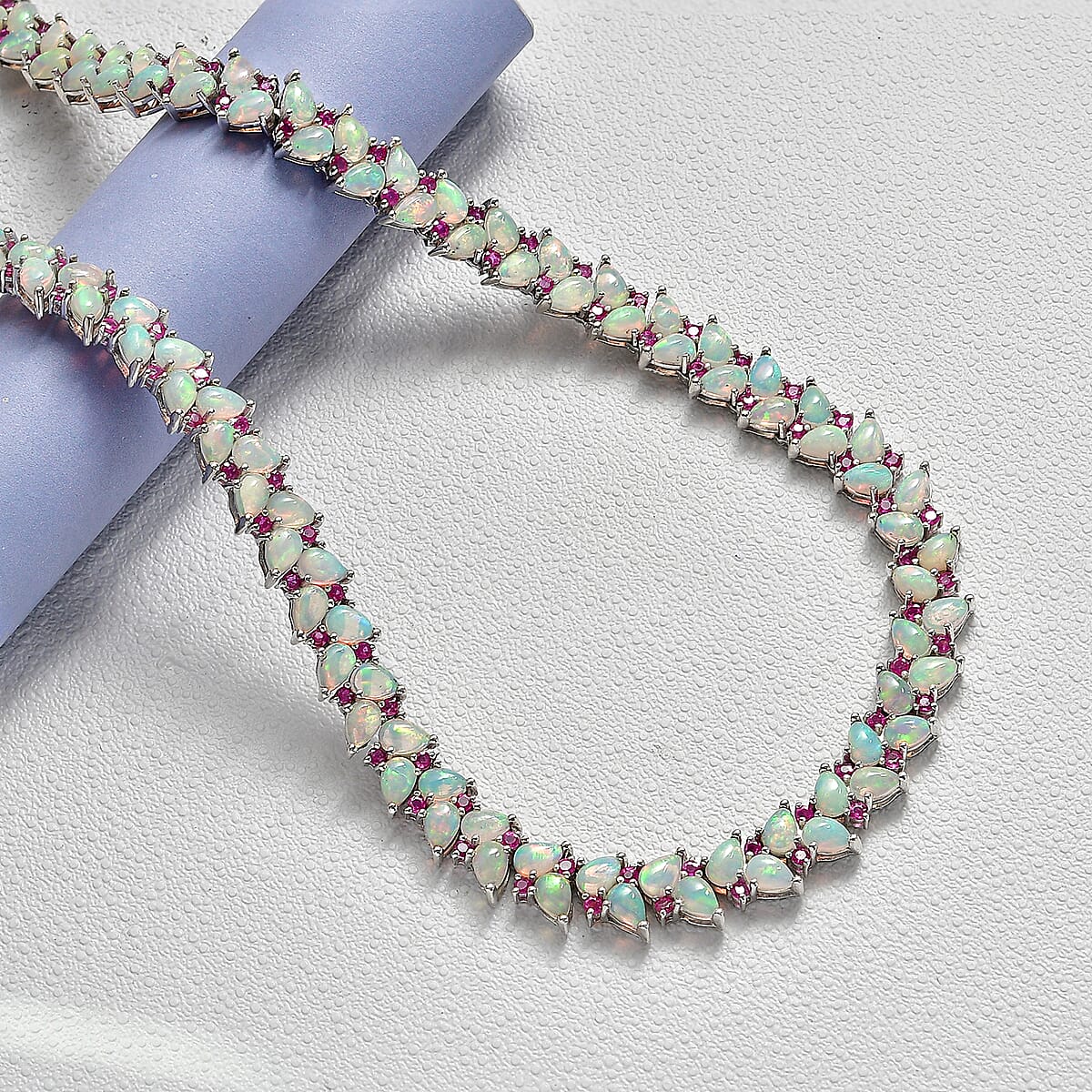 D'Joy Premium Ethiopian Welo Opal and Niassa Ruby (FF) 39.15 ctw Vine Leaf Necklace in Rhodium Over Sterling Silver 18 Inches  image number 1