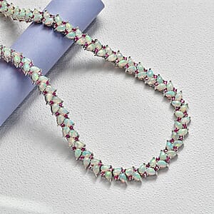 D'Joy Premium Ethiopian Welo Opal and Niassa Ruby (FF) 39.15 ctw Vine Leaf Necklace in Rhodium Over Sterling Silver 18 Inches 