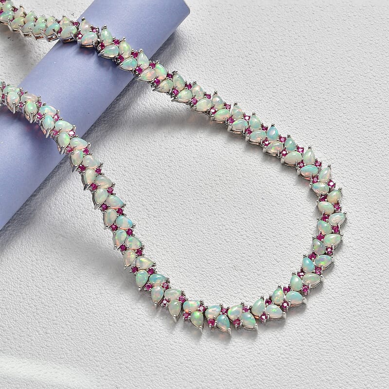 D'Joy Premium Ethiopian Welo Opal and Niassa Ruby (FF) 39.15 ctw Vine Leaf Necklace in Rhodium Over Sterling Silver 18 Inches 