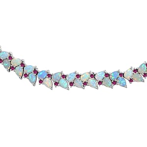 D'Joy Premium Ethiopian Welo Opal and Niassa Ruby (FF) 39.15 ctw Vine Leaf Necklace in Rhodium Over Sterling Silver 18 Inches 