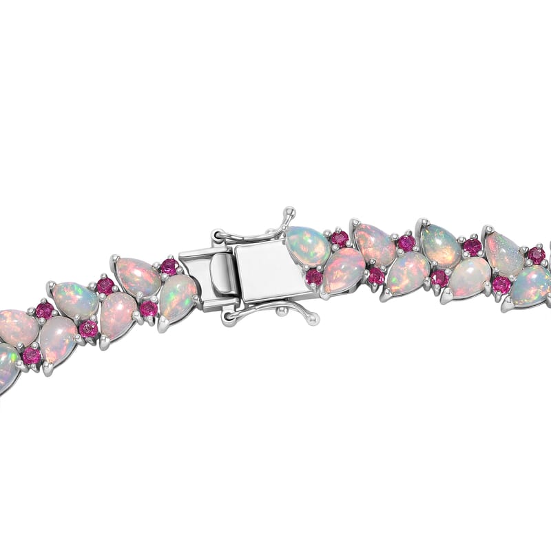 D'Joy Premium Ethiopian Welo Opal and Niassa Ruby (FF) 39.15 ctw Vine Leaf Necklace in Rhodium Over Sterling Silver 18 Inches 
