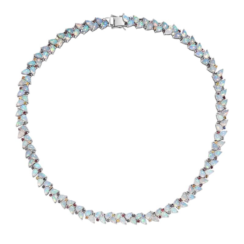 D'Joy Premium Ethiopian Welo Opal and Multi Sapphire 46.15 ctw Vine Leaf Necklace in Rhodium Over Sterling Silver 18 Inches
